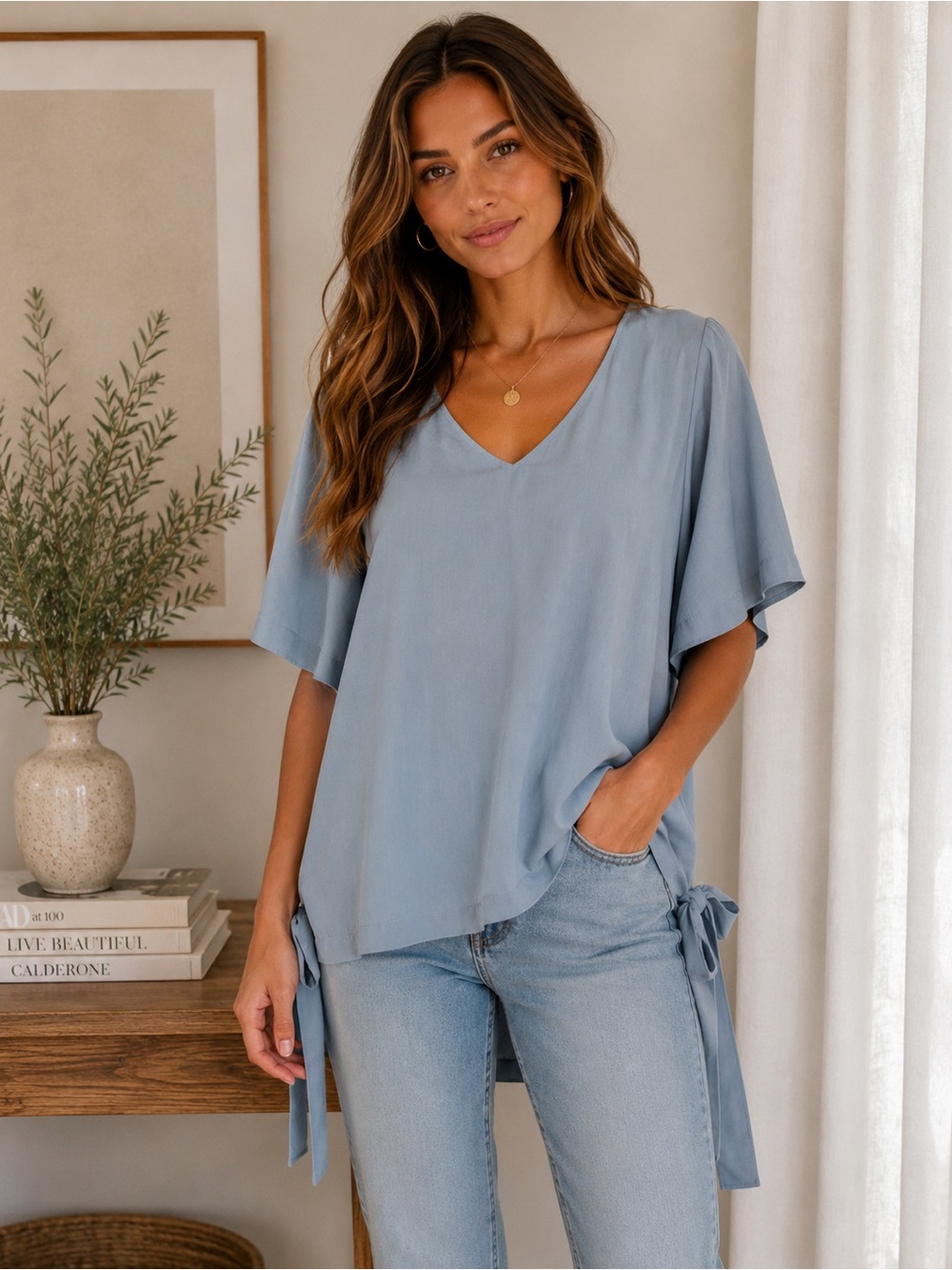 L Love V-Neck Flutter Sleeve Blouse with Side Ties Medium